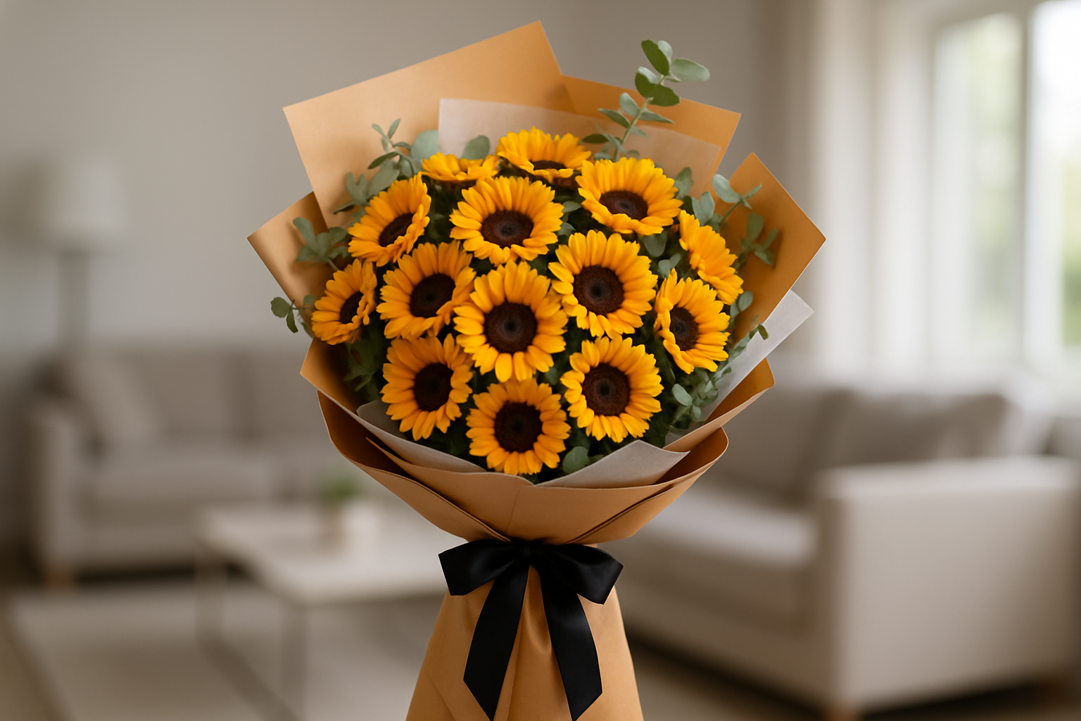 HD Wrapped Sunflower Bouquet - Living Room Background 2