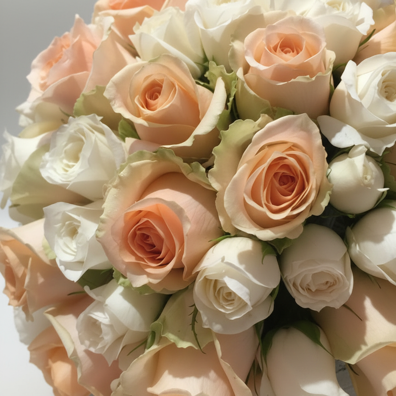 Close-up detail of peach and white flowers in the bridal bouquet