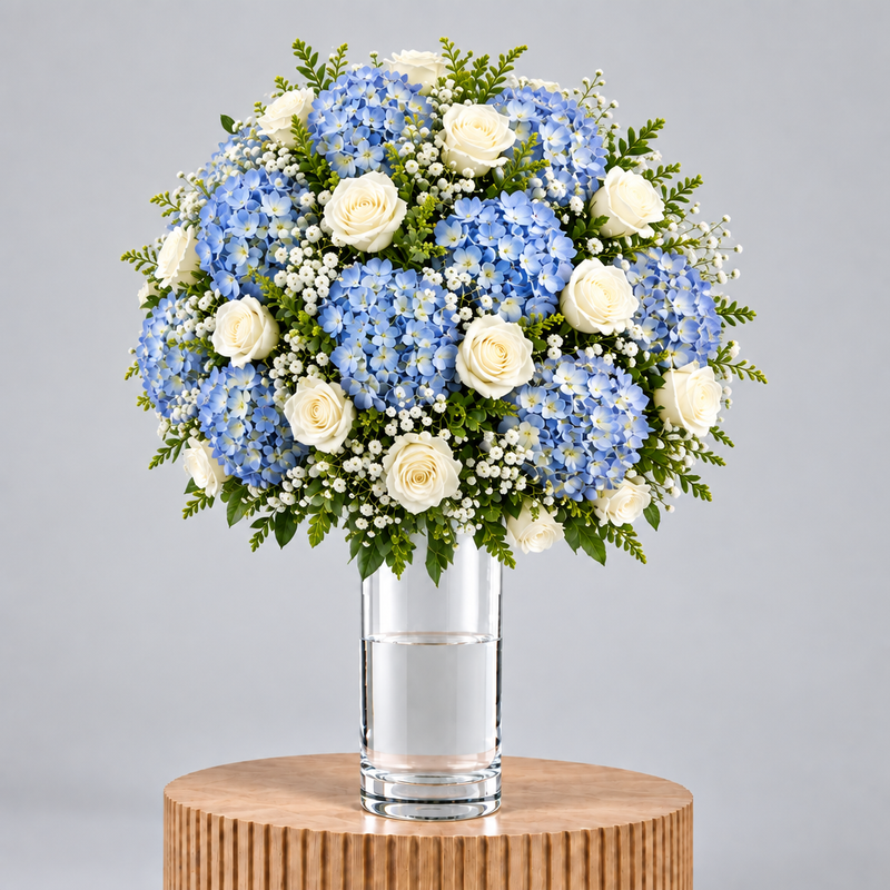 Blue hydrangea and white roses vase side view