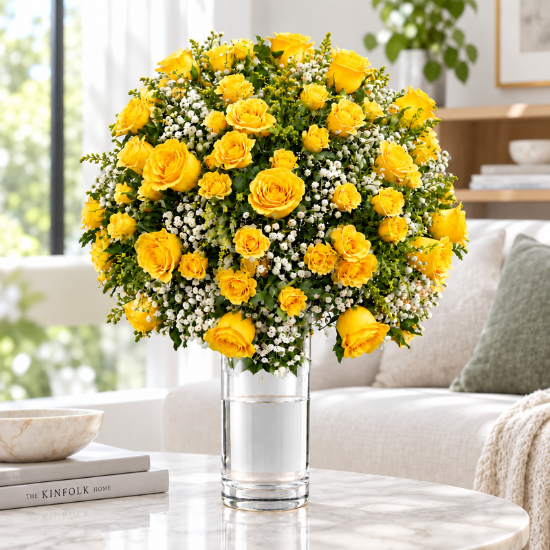 Yellow roses arrangement gift in living room
