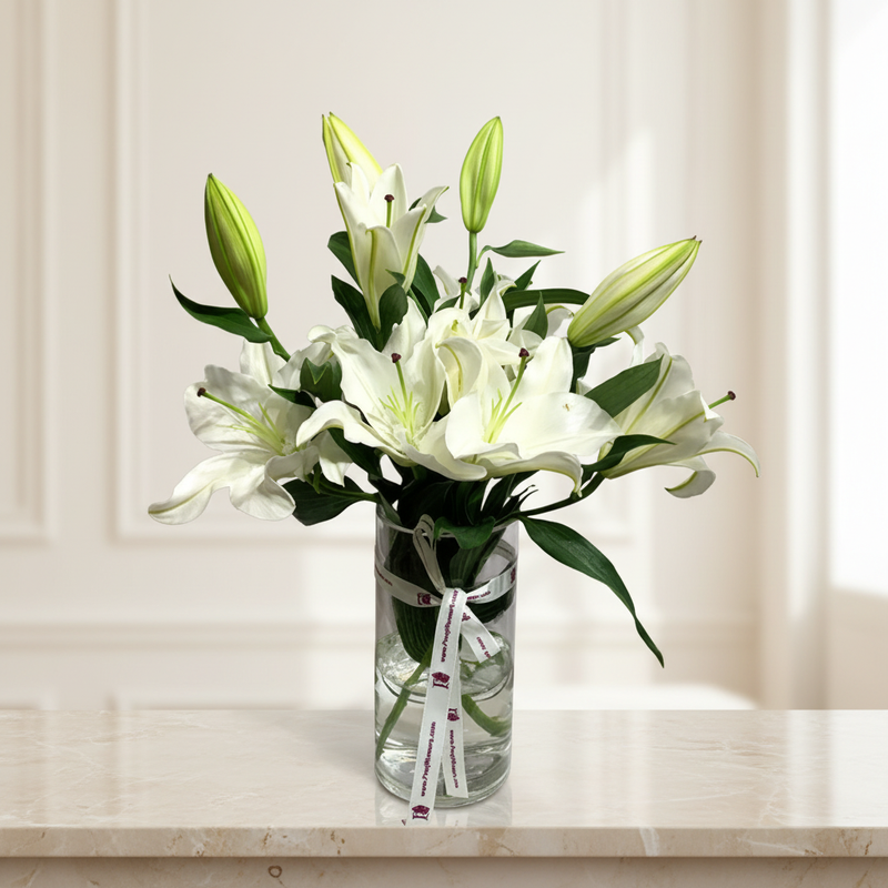 Small Casablanca flower in an elegant neutral interior