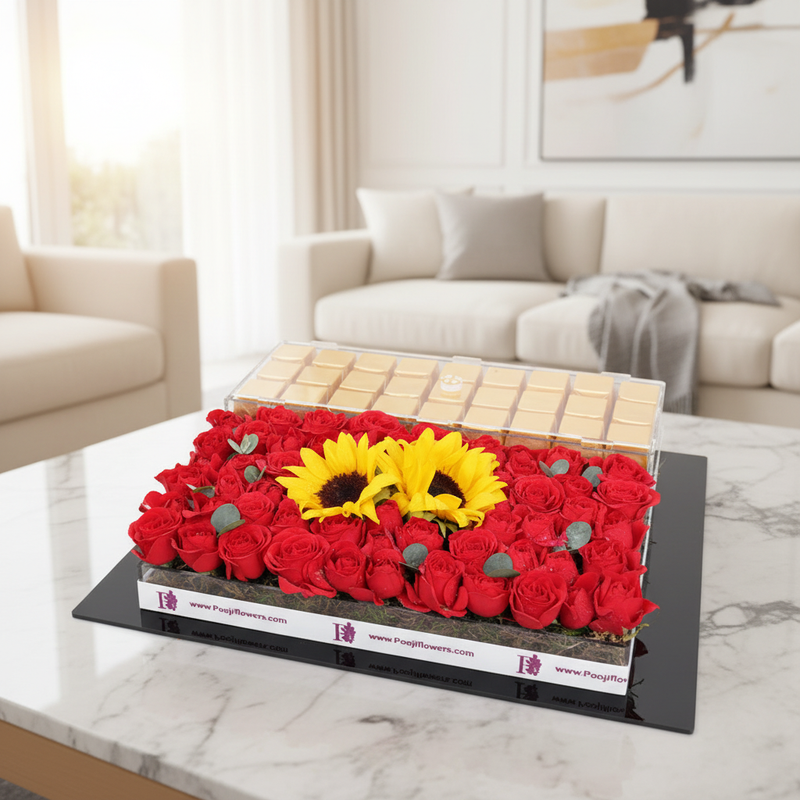 Gold chocolates tray with fresh flowers in elegant living room