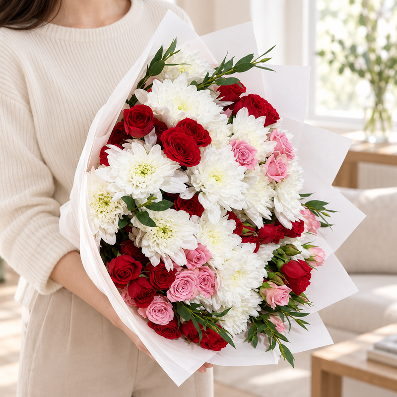 White-wrapped mixed flower bouquet with white blooms and red and pink roses held for gifting