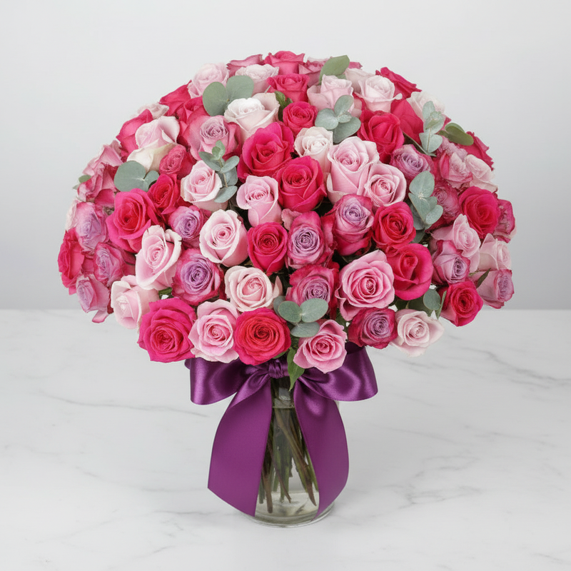 50 Long-Stem Blush Roses in Vase - flat lay top-down