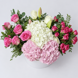 Top-down close-up of the pink flower arrangement in the Pink Romance Luxury Flower Box