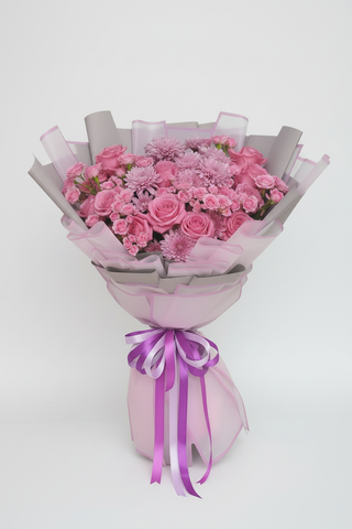 Pink Mix Flowers Bouquet – Purple Wrap, editorial white background