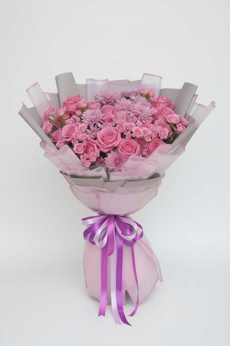Pink Mix Flowers Bouquet – Purple Wrap, editorial white background