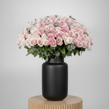 150 Long-Stem Pink Roses in Glass Vase - close-up studio shot