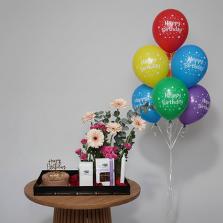 Birthday Cake & Flowers Tray Gift Combo with Balloons - Front View