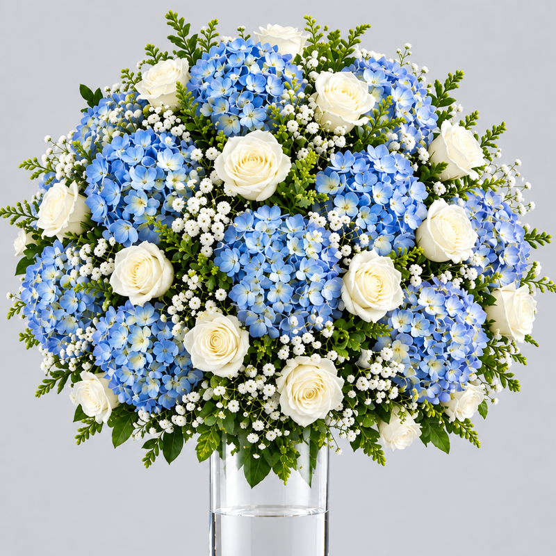 Close-up of blue hydrangeas and white roses