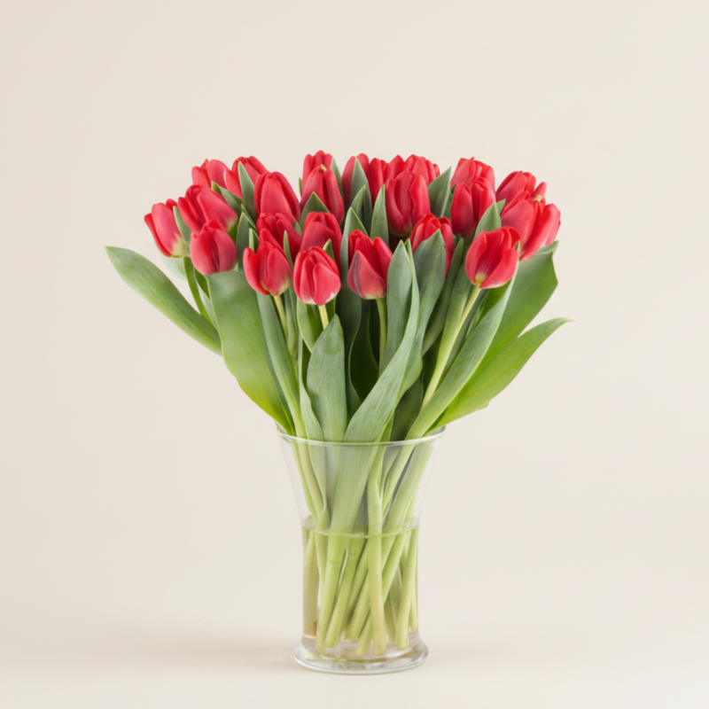 30 fresh red tulips in a vase