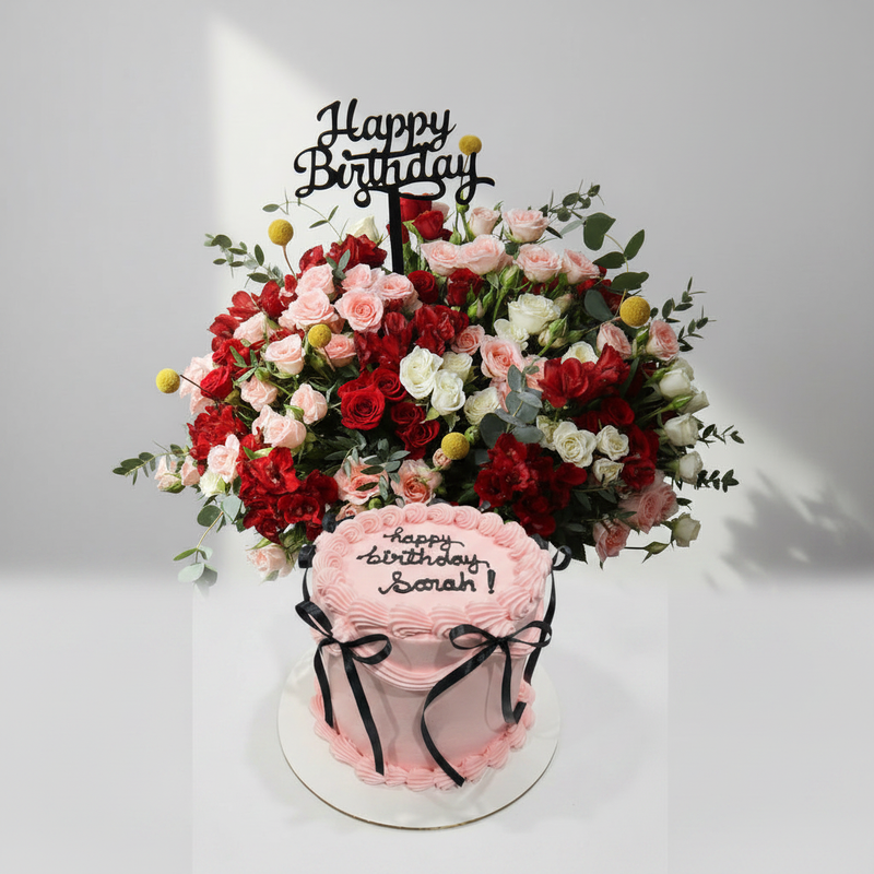 Red & Peach Flower Box Birthday Combo - Close-up