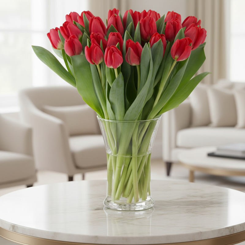 30 fresh red tulips in a vase in elegant home