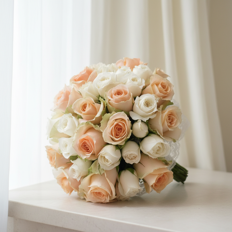 Peach and white bridal bouquet in an elegant wedding setting