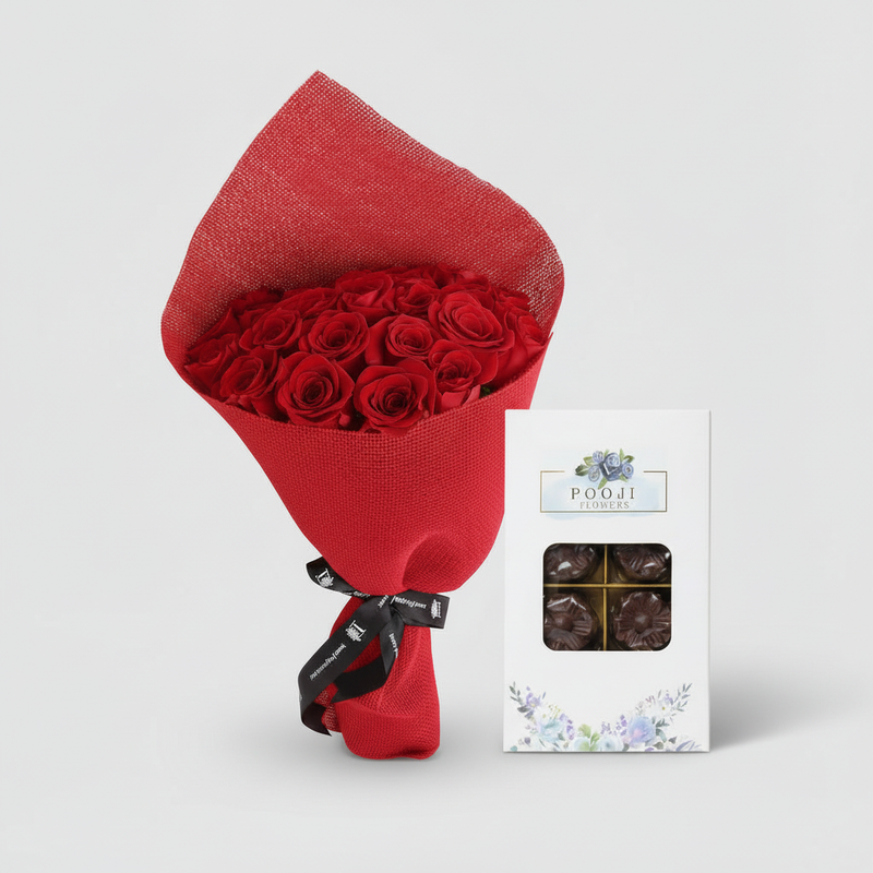 25 premium red roses with a 16-piece chocolate box on a light grey background