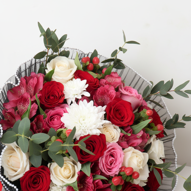 Close-up of fresh mixed Mother’s Day bouquet blooms