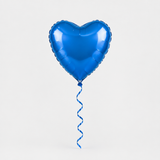 Blue heart-shaped helium foil balloon with curled ribbon, front view