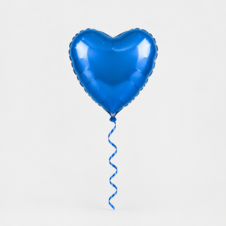 Blue heart-shaped helium foil balloon with curled ribbon, front view
