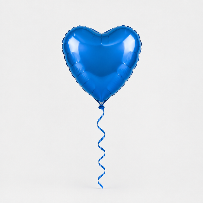 Blue heart-shaped helium foil balloon with curled ribbon, front view