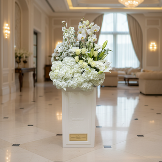Elegant White Flower Stand — Warm Luxury Interior