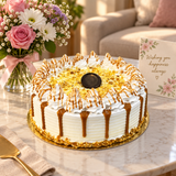 Butterscotch cake gift with fresh flowers in Kuwait