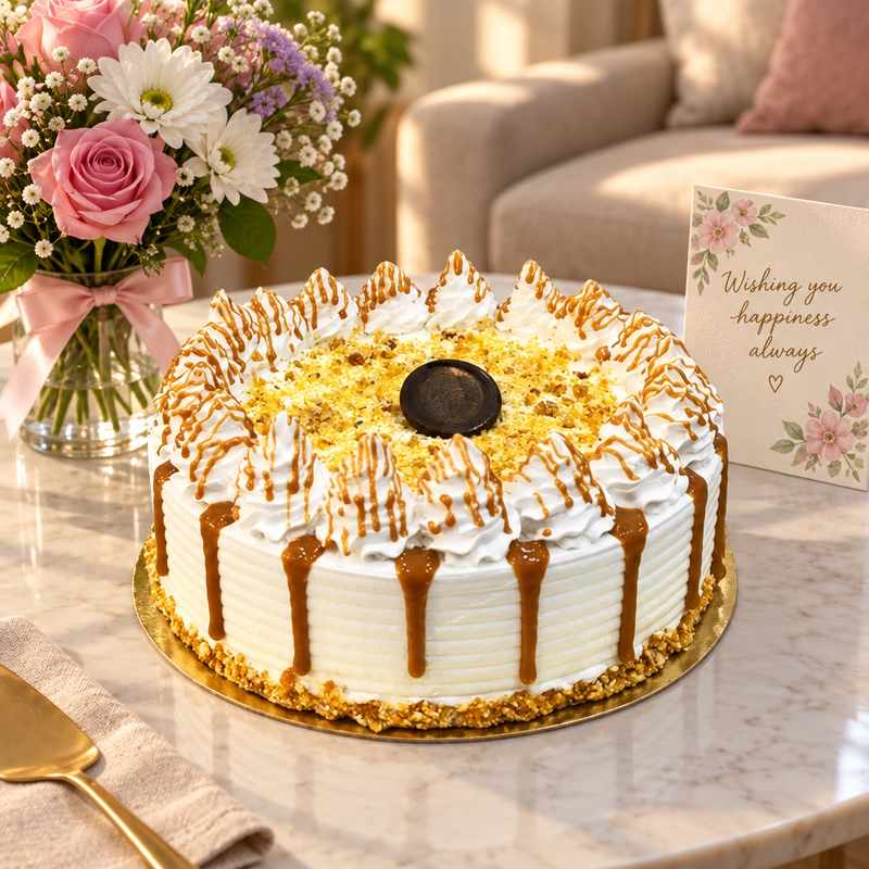 Butterscotch cake gift with fresh flowers in Kuwait