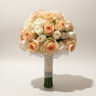 Peach and white bridal bouquet on a warm white background