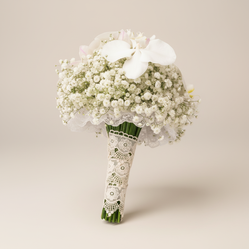 White gypsophila and Phalaenopsis orchid bridal bouquet on a warm white background