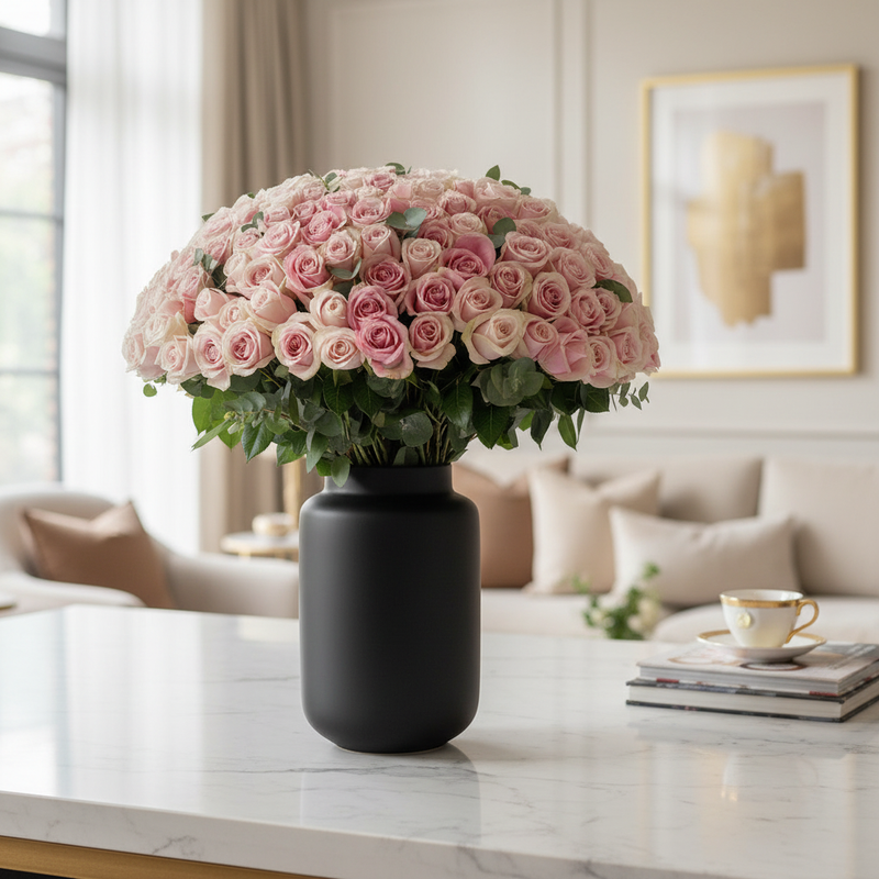 150 Long-Stem Pink Roses in Glass Vase - lifestyle interior scene