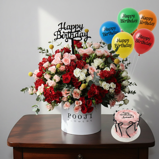 Red & Peach Flower Box Birthday Combo - Front View