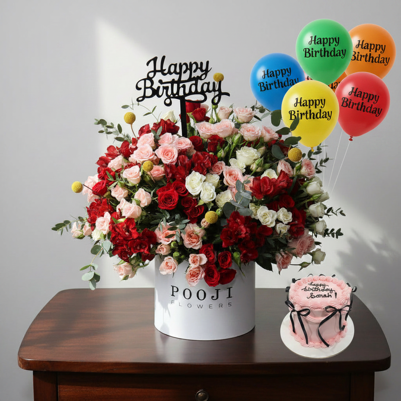 Red & Peach Flower Box Birthday Combo - Front View