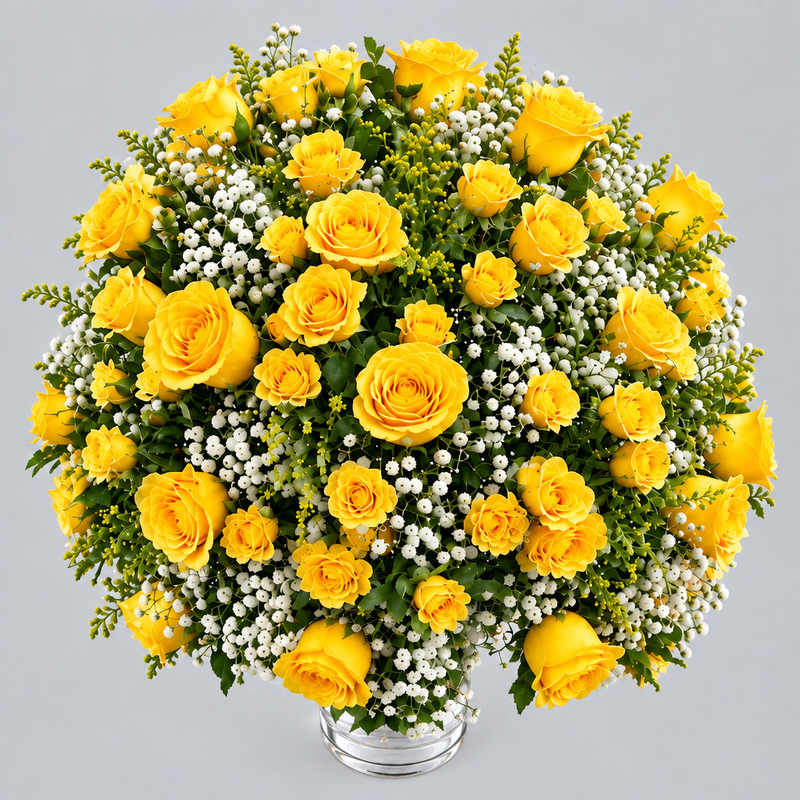 Close-up of yellow roses and gypsophila