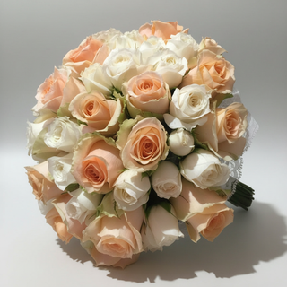 Peach and white bridal bouquet three-quarter view