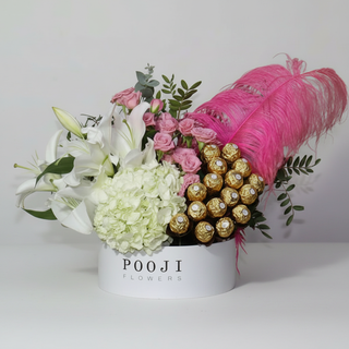 White Lily & Hydrangea Flower Box with Ferrero Rocher - close-up studio shot