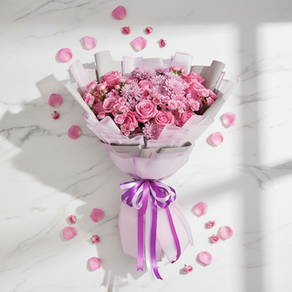 Pink Mix Flowers Bouquet – flat lay on white marble