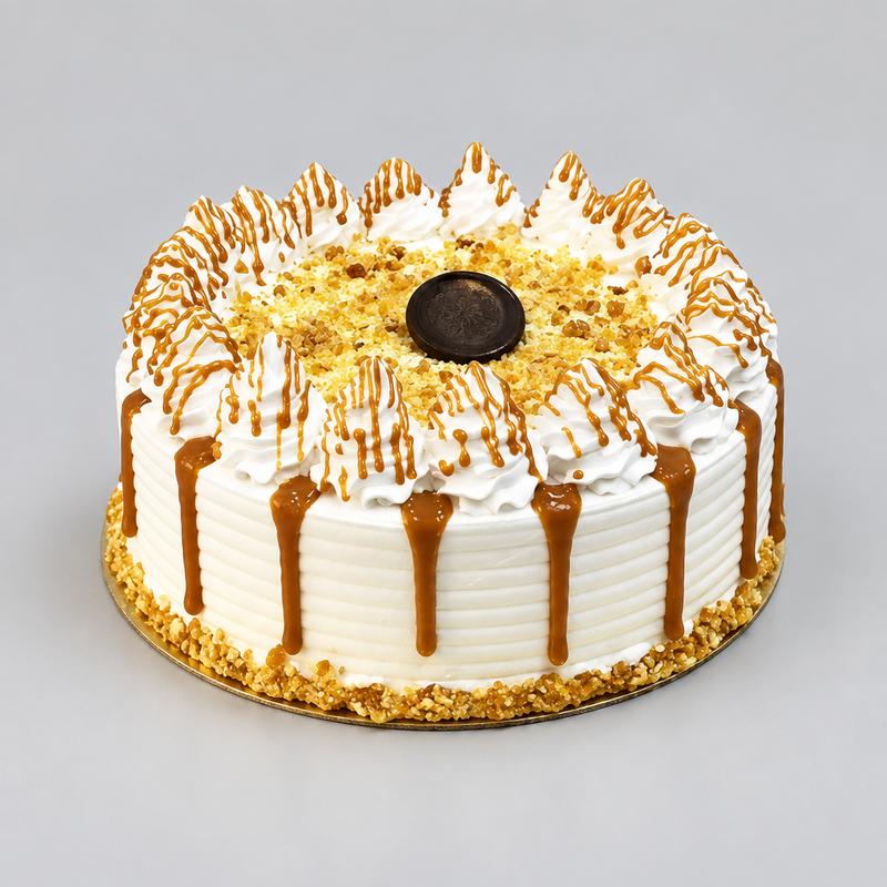 Butterscotch cake with caramel drizzle and praline crunch