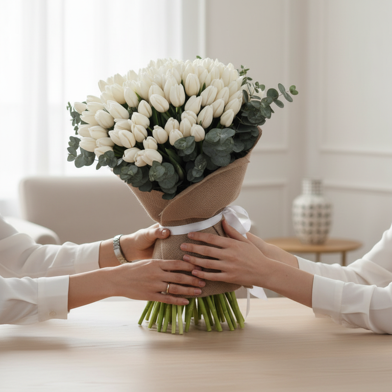 Premium white tulip arrangement presented as a gift