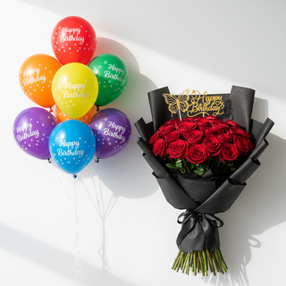 Classic Luxury Birthday Combo - Red Roses, Acrylic Stick & Helium Balloons