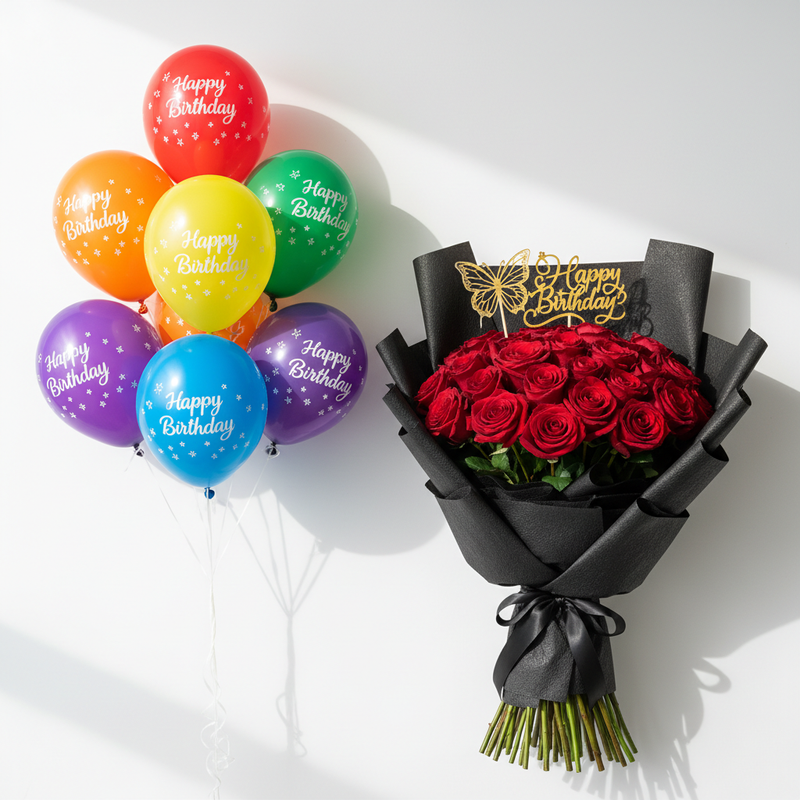 Classic Luxury Birthday Combo - Red Roses, Acrylic Stick & Helium Balloons