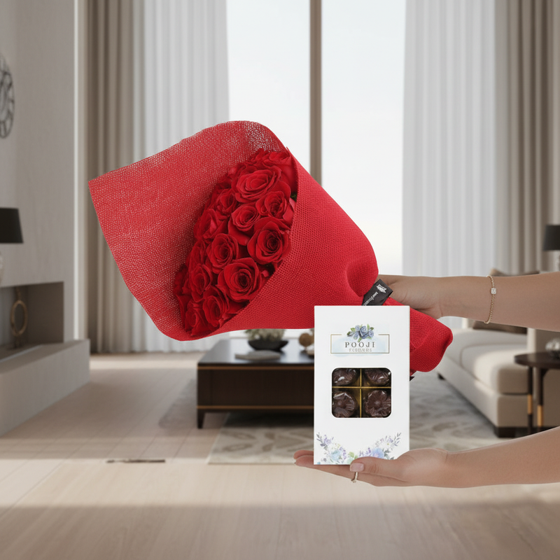 Romantic red rose and chocolate gift set being presented
