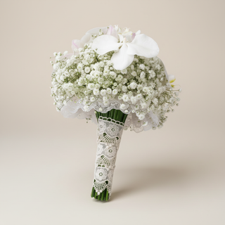 White gypsophila and Phalaenopsis orchid bridal bouquet three-quarter view