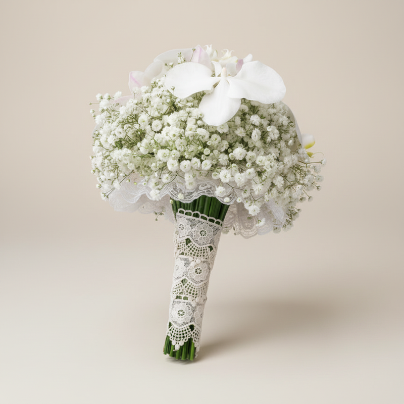 White gypsophila and Phalaenopsis orchid bridal bouquet three-quarter view