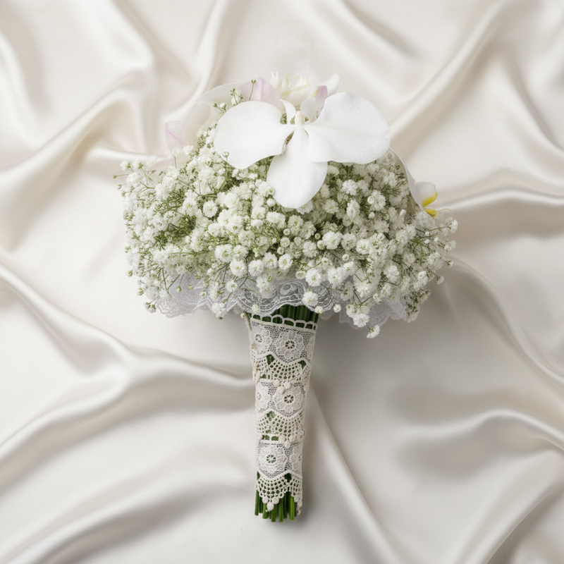 Top-down view of white gypsophila and Phalaenopsis orchid bridal bouquet