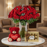 100 Premium Red Roses Vase Combo — Luxury Interior