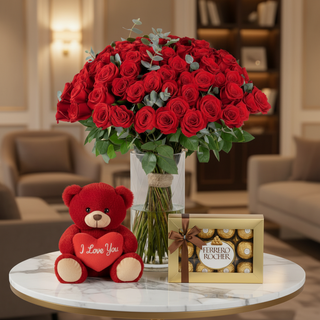 100 Premium Red Roses Vase Combo — Luxury Interior