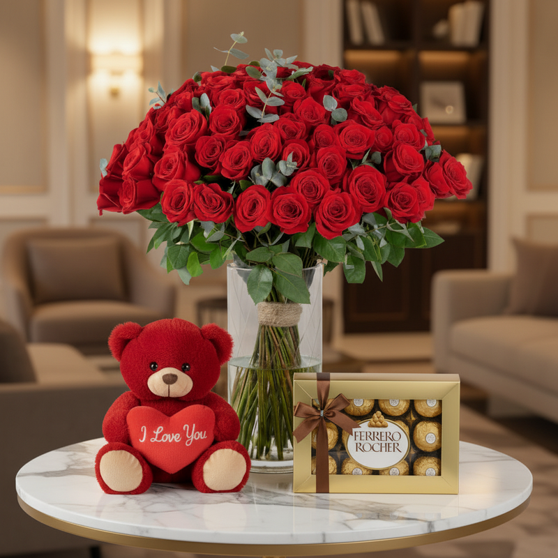 100 Premium Red Roses Vase Combo — Luxury Interior