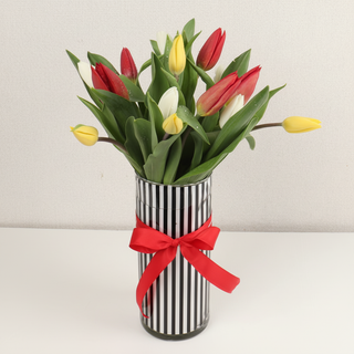 Mixed red yellow and white tulip hand bouquet