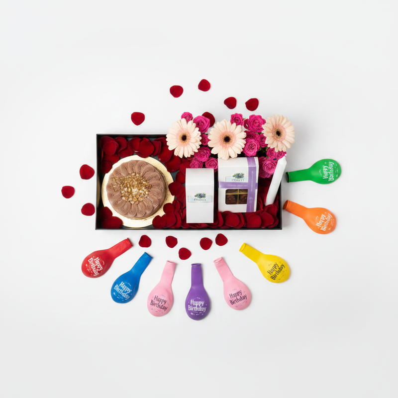 Birthday Cake & Flowers Tray Gift Combo with Balloons - Overhead