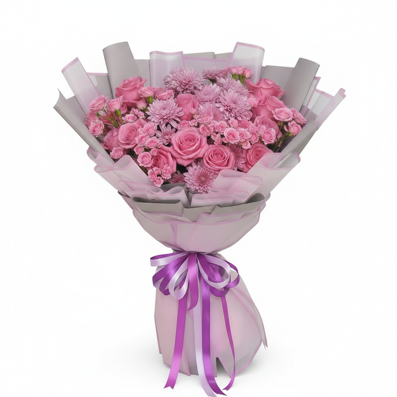 Pink Mix Flowers Bouquet – Purple Wrap, 1:1 studio shot