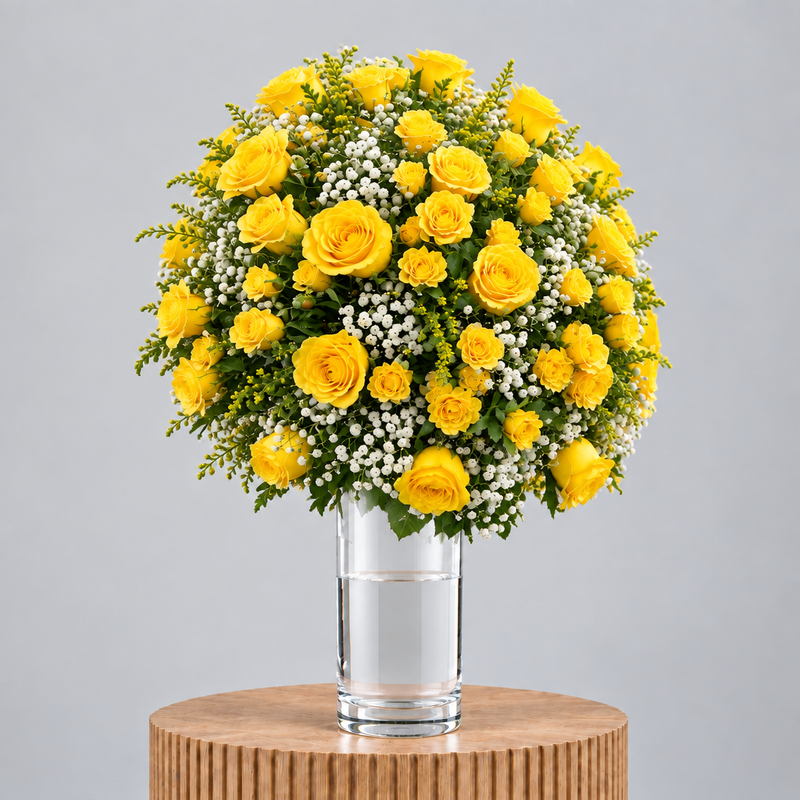 Golden yellow roses arrangement side view